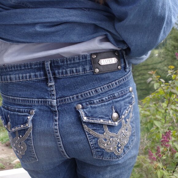 Embellished Pockets Tru   Luxe Ladies Jeans Straight Boot Cut Jeans - Picture 7 of 9